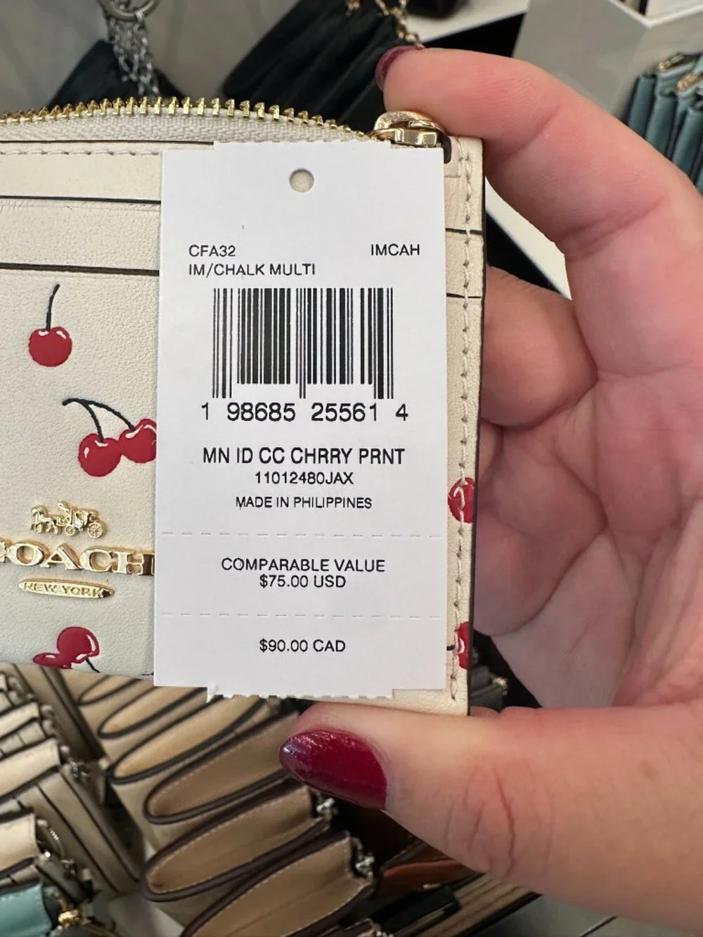 NWT! Coach CFA32 Mini Skinny ID Case With Cherry Print Gold/Chalk Multi